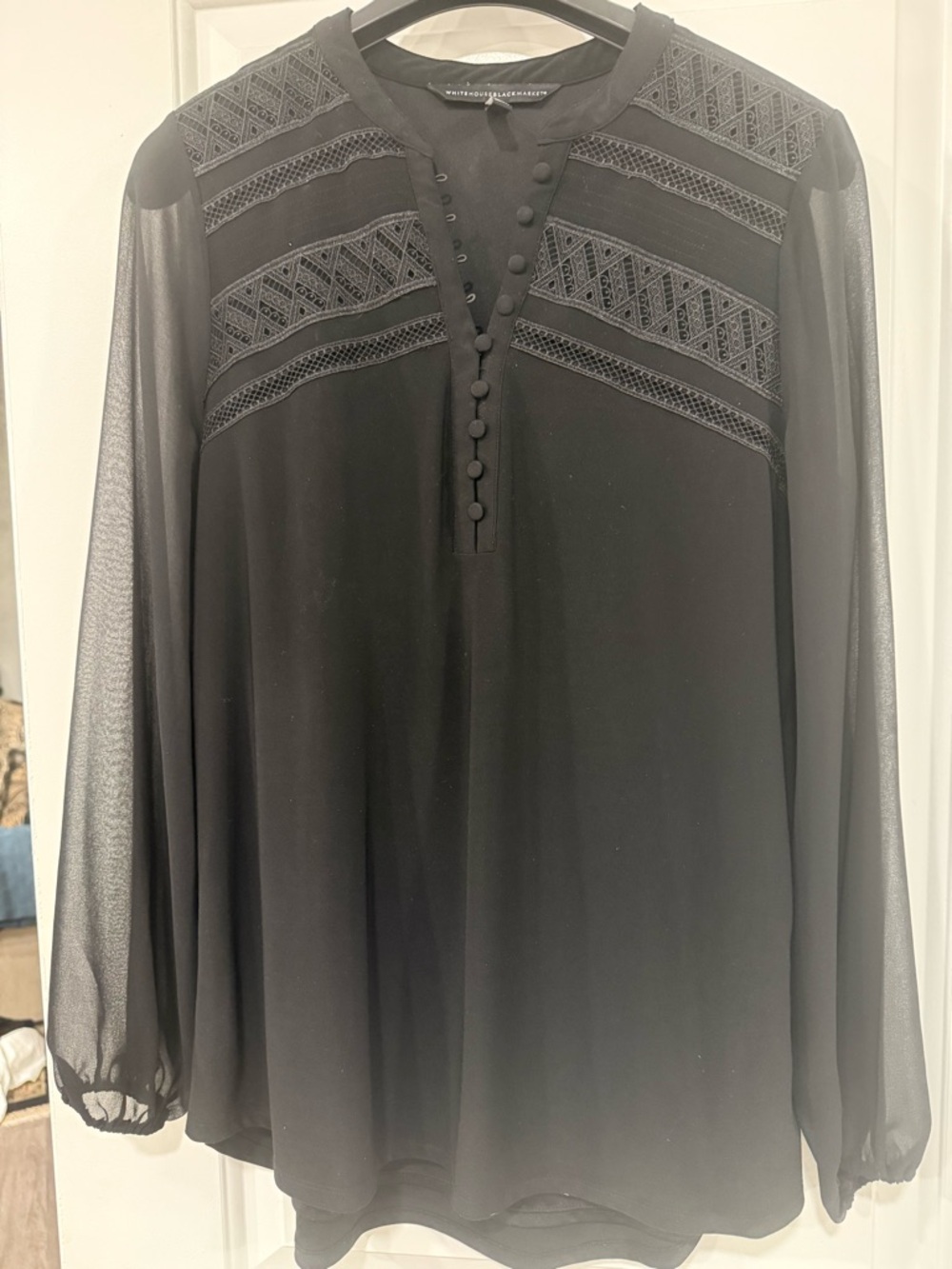White House Black Market Black Button-Front Blouse with Sheer Sleeves